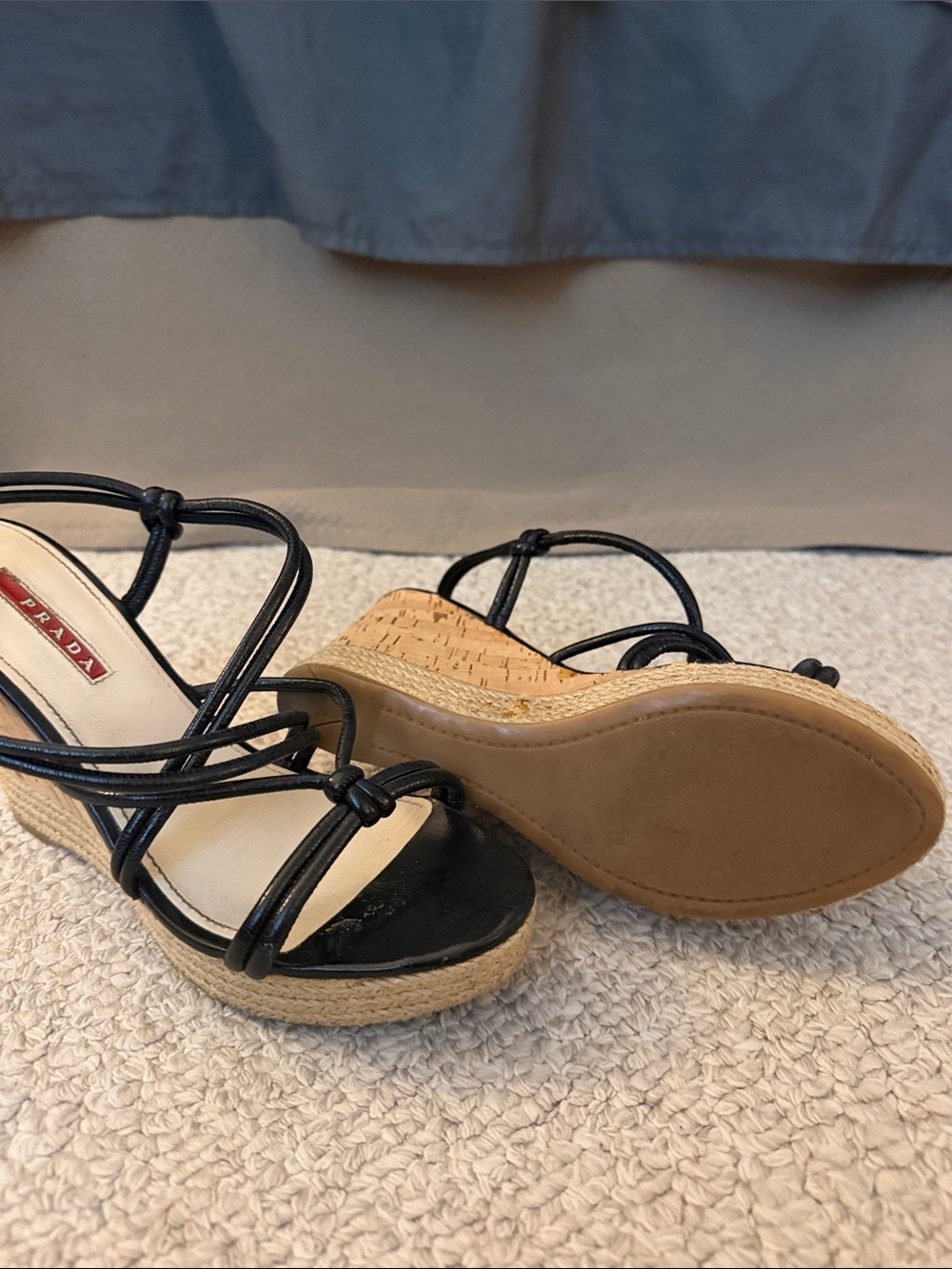 Prada Black Leather Strappy Espadrille Wedge Sandals - Picture 3 of 5